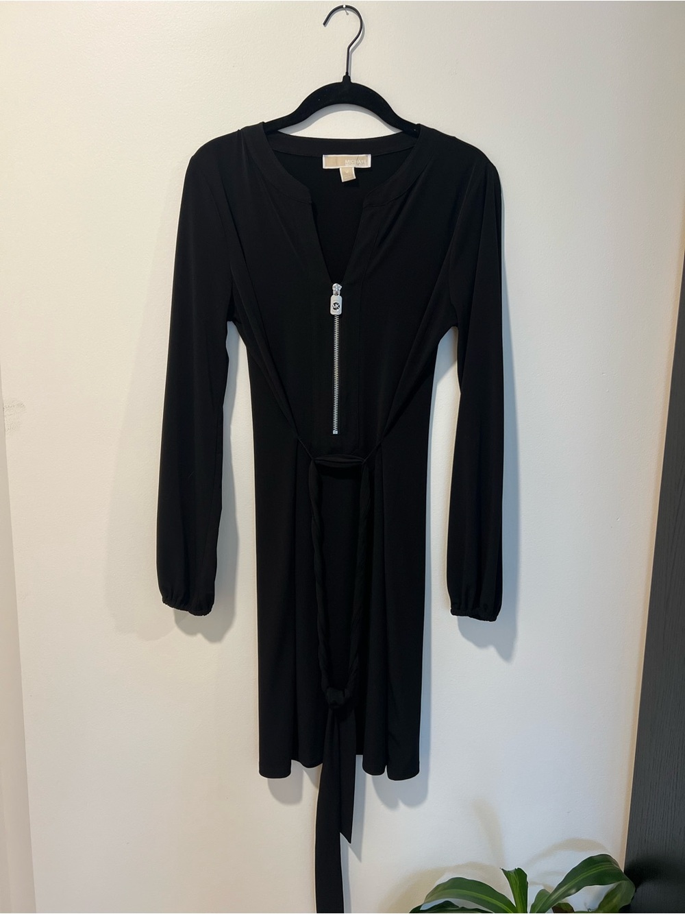 Michael Kors Black Long-Sleeve Mini Dress with Front Zip and Waist Tie